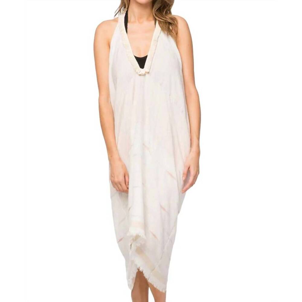NEW SUBTLE LUXURY fringe halter shell dress in shimmer tan